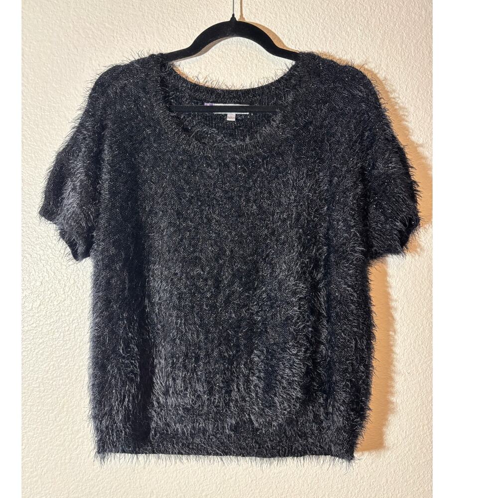 Jennifer Lopez Size L Black Eyelash Knit Short Sleeve Scoop Neck Sweater Top